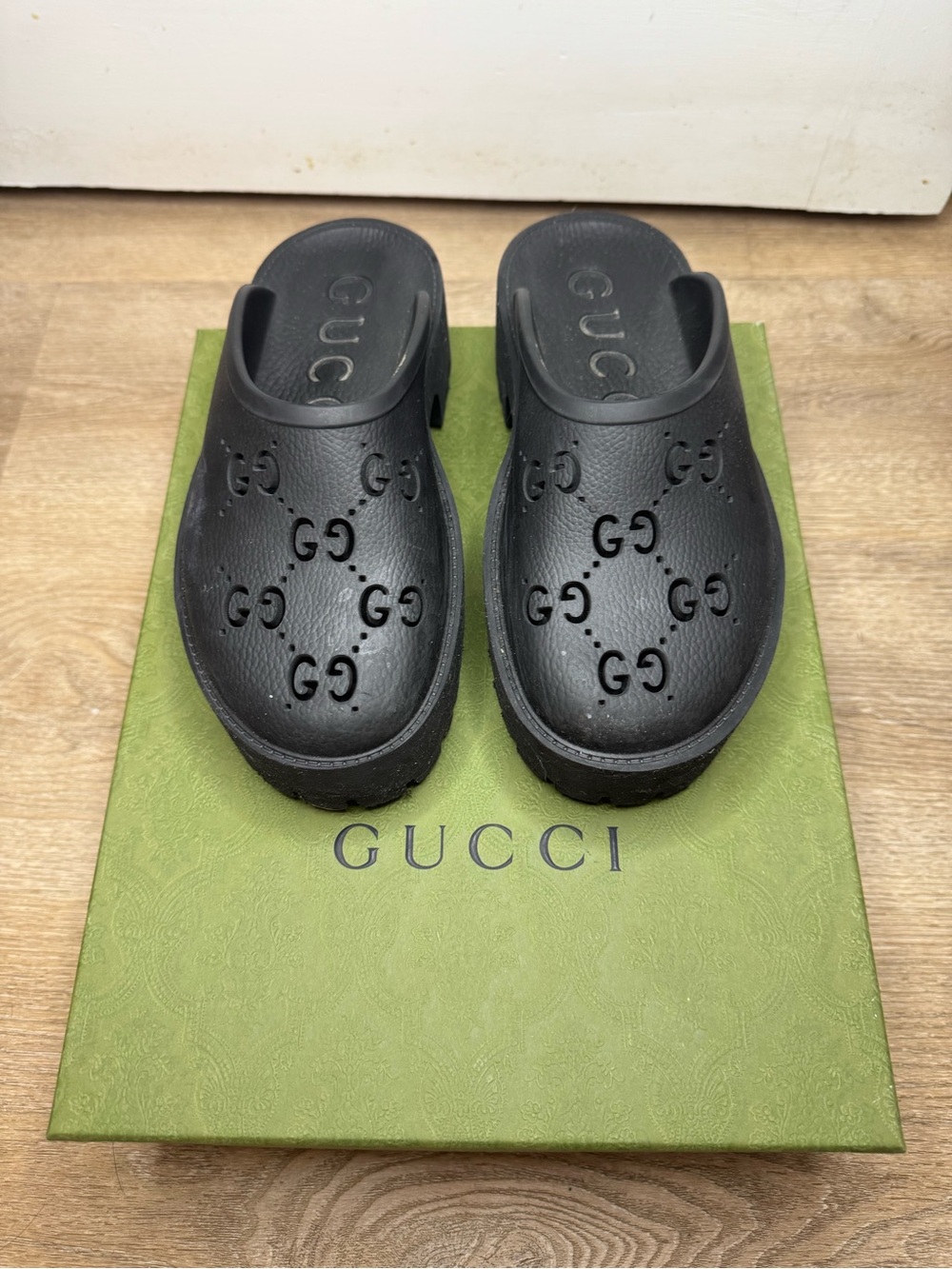 Gucci Black Perforated GG Clog Slides